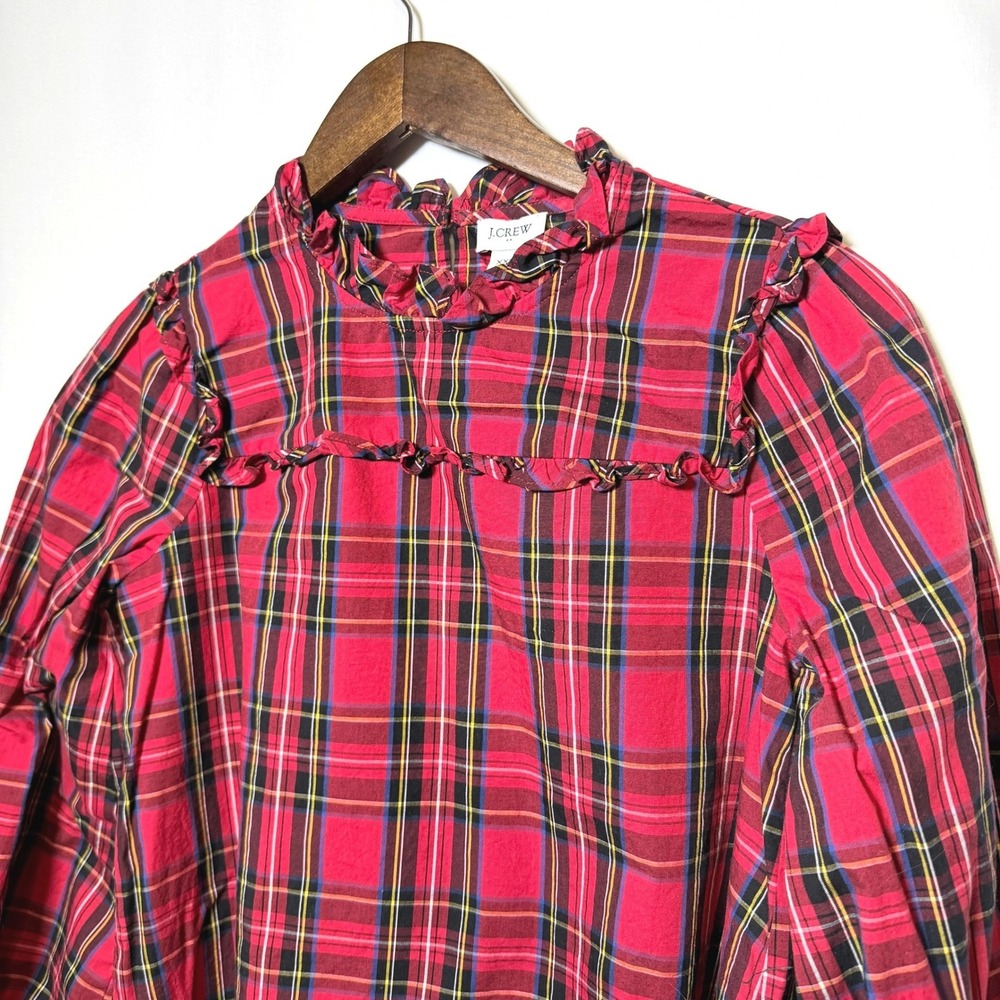 J.Crew Womens Red Plaid Ruffle Neck Tartan Blouse BC855 XXS